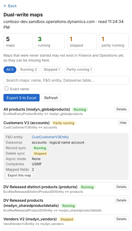 Dual-write maps: totals, running and stopped maps, details